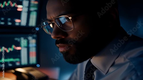 An analyst concentrating on financial markets with charts displayed on multiple screens. The person wears glasses and looks determined.
