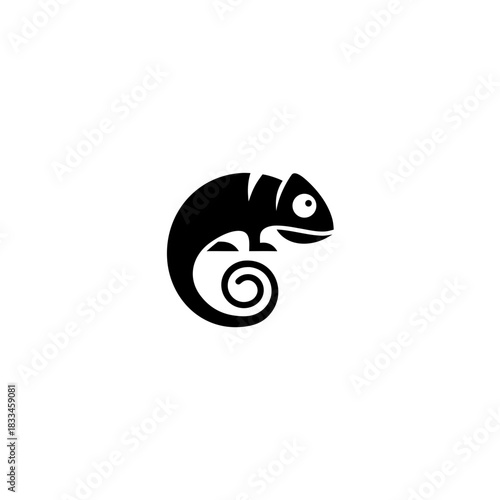 A black chameleon with curled tail on transparent background silhouette