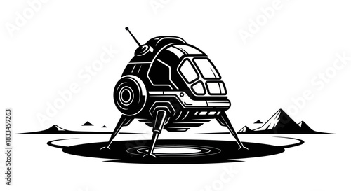 Futuristic Spacecraft Landing on Alien Planet Surface Exploration Vehicle.