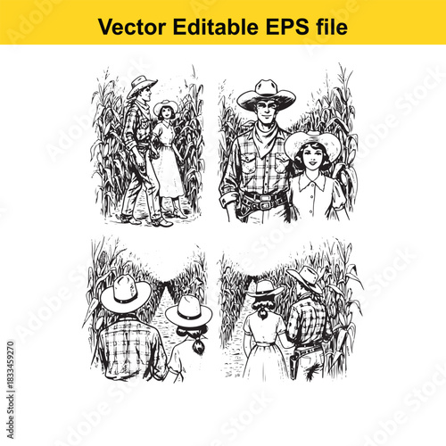 vector illustration set depicting four scenes of a cowboy family, including a man, woman, and child, standing in a cornfield setting, presented in a black and white sketch style