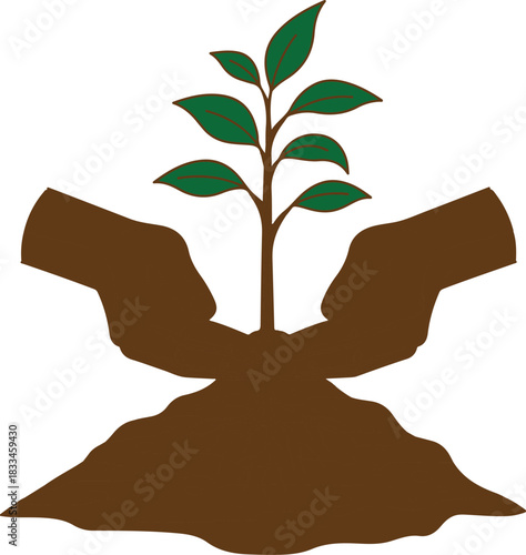 Brown hands holding green plant growing from soil growth vector illustration EPS file download.
