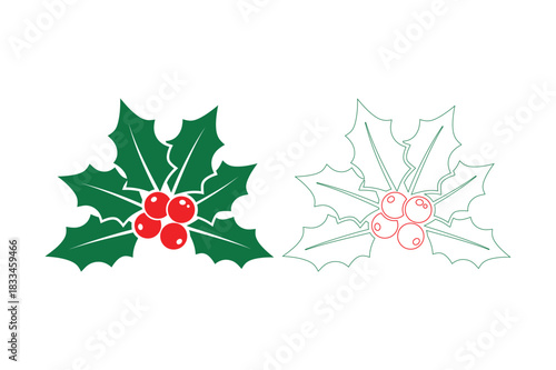 Christmas holly leaves and berries with outline