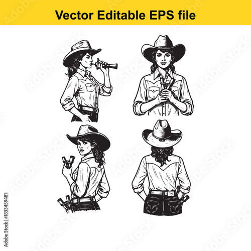 collection of four black and white vector illustrations depicting cowgirls in various poses wearing cowboy hats and western attire, isolated on white background