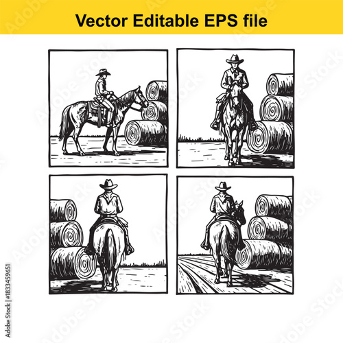 four panel black and white vector illustration depicting a cowboy riding a horse near large rolls of hay or straw in a field setting, showing different perspectives