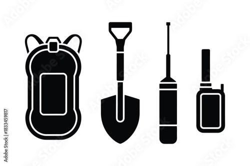 Survival gear set backpack shovel radio and walkie talkie icons