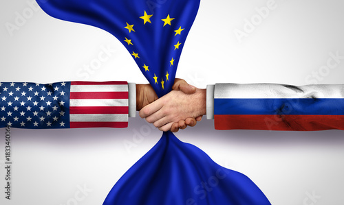 Russia US and EU geopolitics as Russian American and European deal to end the war as an agreement of Moscow and Washington Brussels in negotiations in a Europe security crisis.