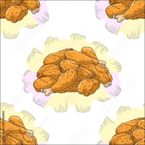 Seamless pattern of chicken legs. Hand drawing Doodle chicken legs. Fried chicken doodle pattern background. Fried chicken Seamless Pattern for coloring kids books