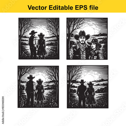 a collection of four black and white vector illustrations depicting cowboy and cowgirl silhouettes and portraits against a moonlit or sunlit rural landscape with trees and fields