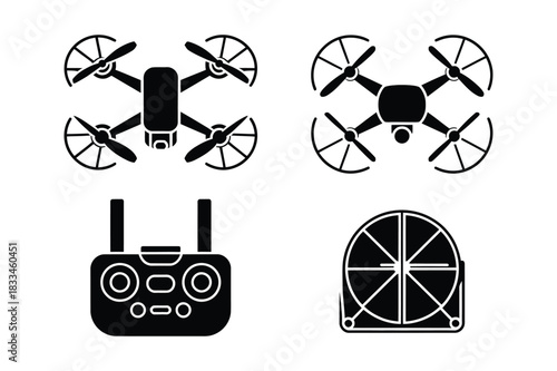 Drone and remote control icons with propeller and landing gear