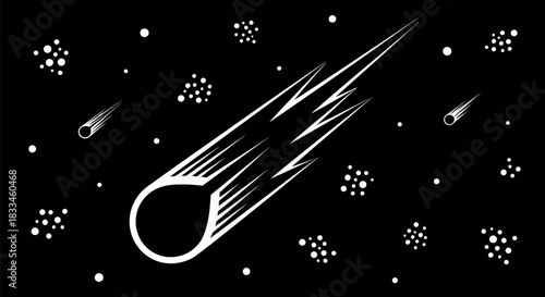 A bright white comet streaks across the dark night sky.