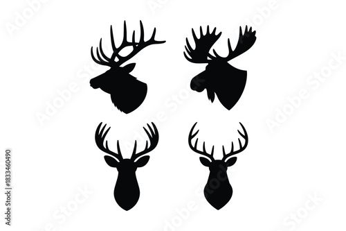 Four black silhouette deer and moose antlered head silhouettes