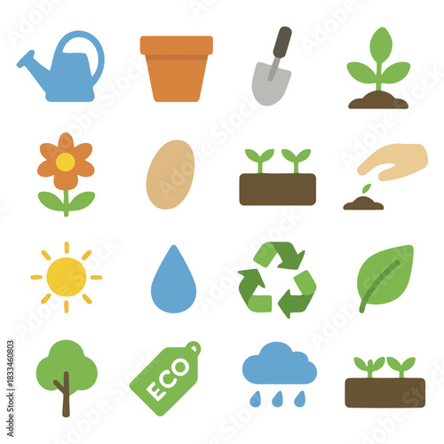 Iconic Garden Elements: A collection of vibrant icons depicts the essential tools and symbols of gardening, evoking a sense of growth, sustainability, and environmental care. 