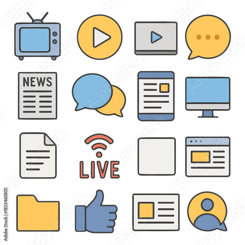 Communication and Media Icons: A vibrant collection of digital illustrations, representing a diverse range of communication and media elements. Each icon, from television to live streaming.