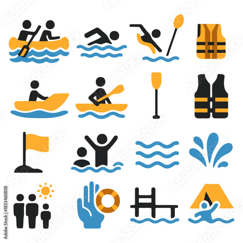Water Activity Icon Set: A vibrant collection of water-related icons, perfect for illustrating various aquatic activities, from swimming and kayaking to life-saving and leisure.