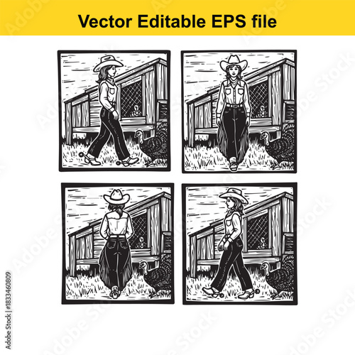 four panel black and white vector illustration depicting a woman in western attire walking near a wooden chicken coop with turkeys present in a farm setting