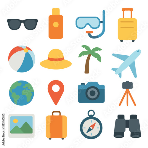 Travel Essentials: A vibrant collection of travel icons, encapsulating the spirit of adventure, from sunglasses and sunscreen to a compass and globe, ideal for travel-themed projects.