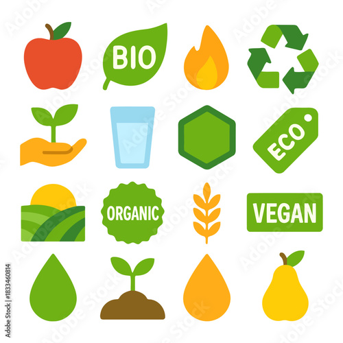 Eco-Friendly Icons: A vibrant collection of eco-friendly symbols, each representing elements of nature and sustainability, perfect for promoting ecological awareness and environmental responsibility.