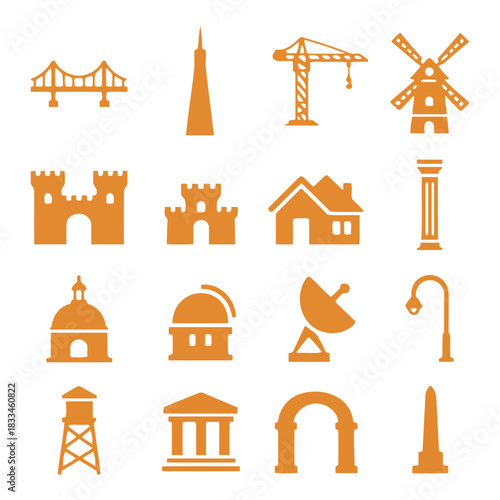 Iconic Architecture: A collection of meticulously crafted building icons showcasing an array of structures, reflecting the diversity and ingenuity of architectural design.
