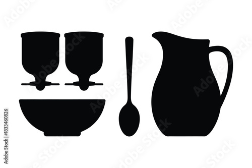 Silhouette of kitchenware including glasses bowl spoon and pitcher