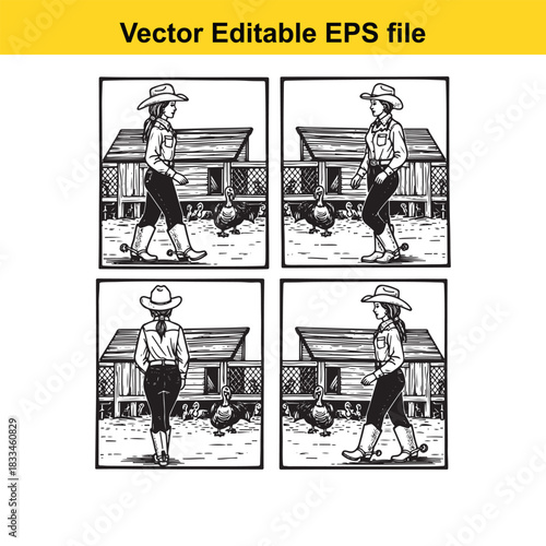 vector illustration set showing a cowgirl walking past a wooden barn structure with geese in four different poses, presented in a black and white sketch style