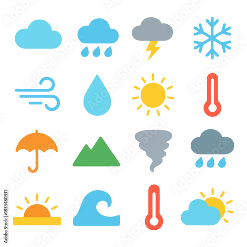 Weather Icons: A vibrant assortment of weather icons, depicting diverse climatic conditions such as sun, rain, cloud, snow, wind, and temperature
