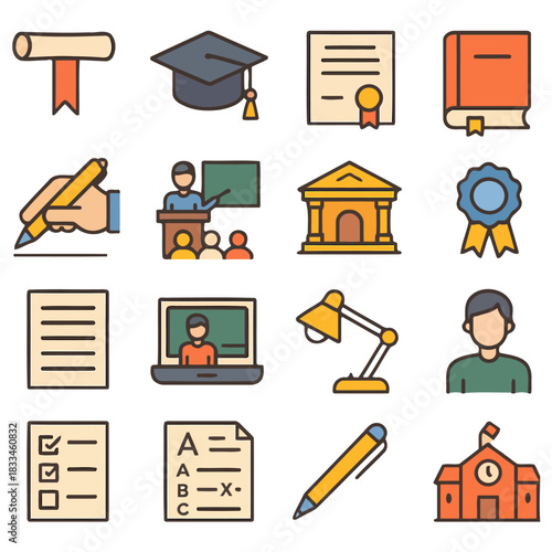 Educational Icons: A vibrant collection of educational icons captures the essence of learning, encompassing symbols for graduation, classroom instruction, and academic achievements.