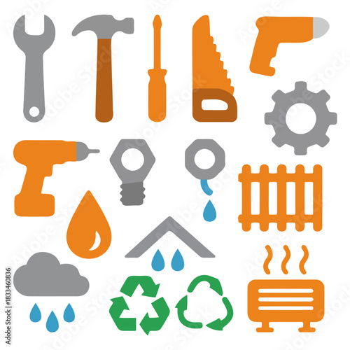 Tools Collection: A colorful collection of essential tools laid out in a visually engaging and organized manner, highlighting their functionality and significance in construction, repair.