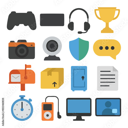 Digital Icons: An array of colorful digital icons, each representing a facet of the digital world, artfully arranged on a clean, simple backdrop. A collection of essential symbols