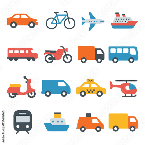 Transportation Icons Collage: A vibrant and diverse collection of transportation icons, encompassing a variety of vehicles for land, air, and sea travel.