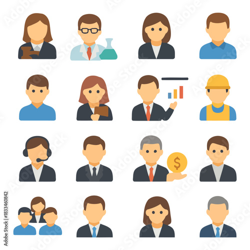 Diverse professional icons: a collection of professional icons, representing variety of different jobs, illustrating the face and bust of diverse individuals.