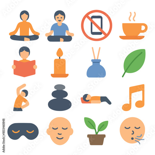 Serenity Essentials: A curated collection of symbols and icons embody the essence of mindfulness, relaxation and tranquility. They suggest peace and harmony.