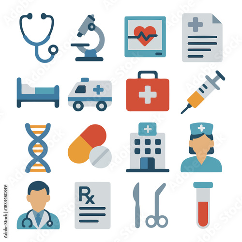 Healthcare Elements: A collection of diverse medical elements, designed with bright colors and distinct, clean lines, the scene encapsulates the essence of healthcare.