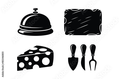 Vintage style icons of cheese butter and utensils