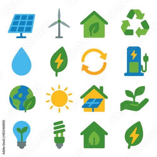 Sustainable Icons: A vibrant collection of icons representing eco-friendly practices, including solar panels, wind turbines, recycling symbols, and energy-efficient elements.