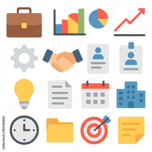 Business Icon Collection: An array of business icons, meticulously crafted to represent key aspects of the corporate world, including growth, collaboration, and innovation.