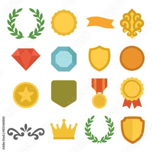 Assortment of Emblems: A vibrant collection of decorative emblems, from ornate crowns to minimalist shields and laurel wreaths, ideal for conveying prestige, excellence, and achievement.