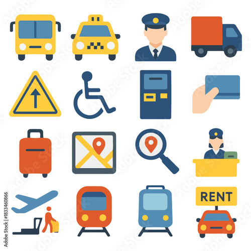 Transportation and Service Icons: A vibrant collection of transportation and service icons, illustrating a variety of modes and offerings for travel and related services.