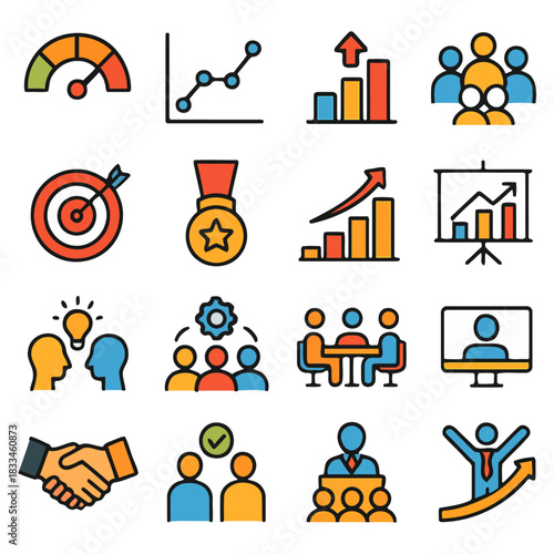 Business Icons: An assortment of bright and colorful business icons symbolizing growth, success, and collaboration. perfect for business concept illustration.