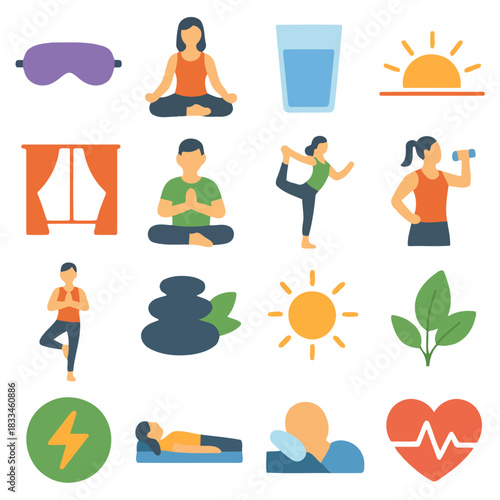 Wellness Icon Set: A vibrant collection of wellness icons, illustrating various aspects of well-being, including exercise, meditation, healthy eating, and relaxation.