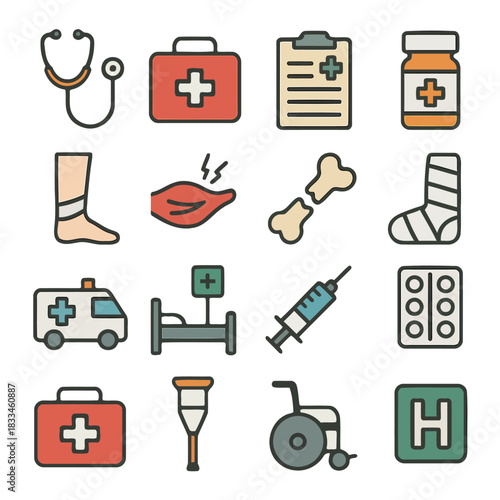 Medical Icons: A collection of various medical symbols representing different aspects of healthcare, from diagnostic tools to emergency services.