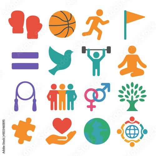 Diverse Icons of Unity and Activity: A colorful compilation of various icons representing diverse aspects of life including sports, health, relationships, nature, and equality.
