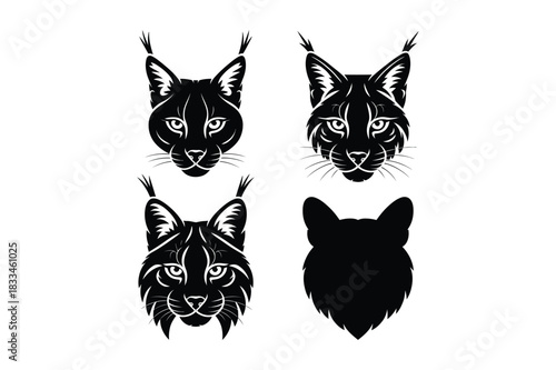 Four stylized lynx head illustrations in black and white