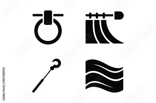 Set of four black and white icons representing household items