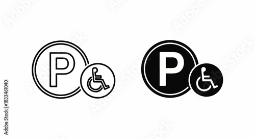 Two black and white icons for disabled parking, one outlined and one solid, featuring a 'P' and a wheelchair symbol.