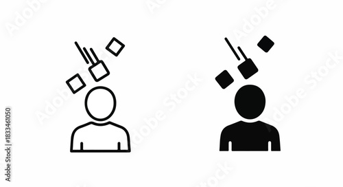 Outline and solid icons showing a person's head with multiple square objects falling, representing concepts like stress, ideas, or information overload.