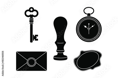 Vintage silhouette icons of key envelope wax seal and pocket watch
