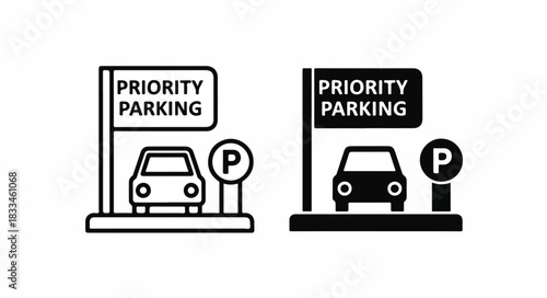 Two icons depicting a car parked in a priority parking spot with a 'P' sign, one outline and one solid design.