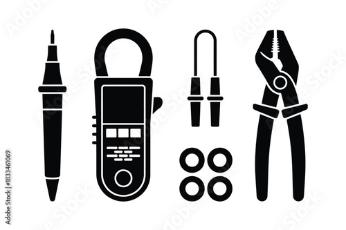 Set of electrical tools including a multimeter and pliers