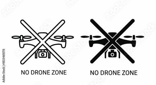 Two black and white icons indicating a 'No Drone Zone' with a drone crossed out, symbolizing a restricted flying area.