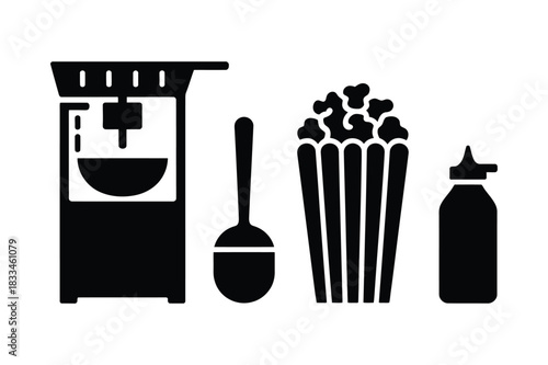 Popcorn machine scoop box and bottle icons